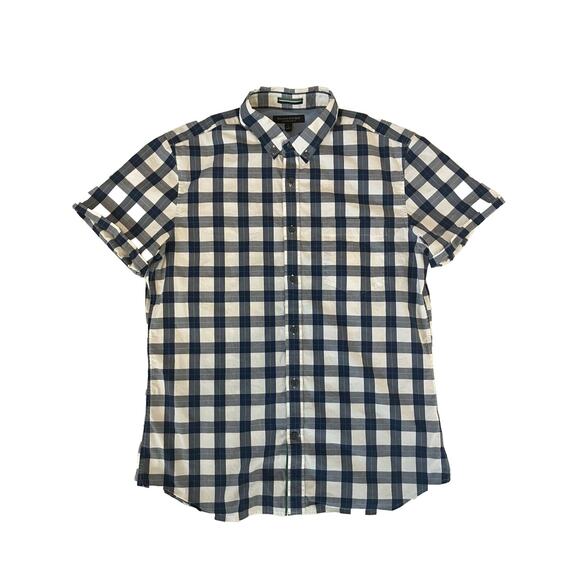 Banana Republic Large Slim Fit White & Blue Plaid Short Sleeved Shirt Preppy - Picture 1 of 8
